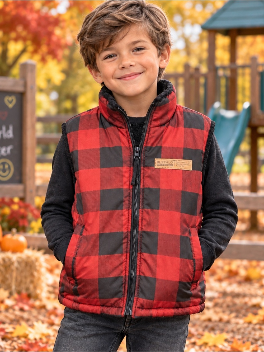 Buffalo David Bitton Kids S 7-8 Red Black Plaid Reversible Sherpa Puffer Vest